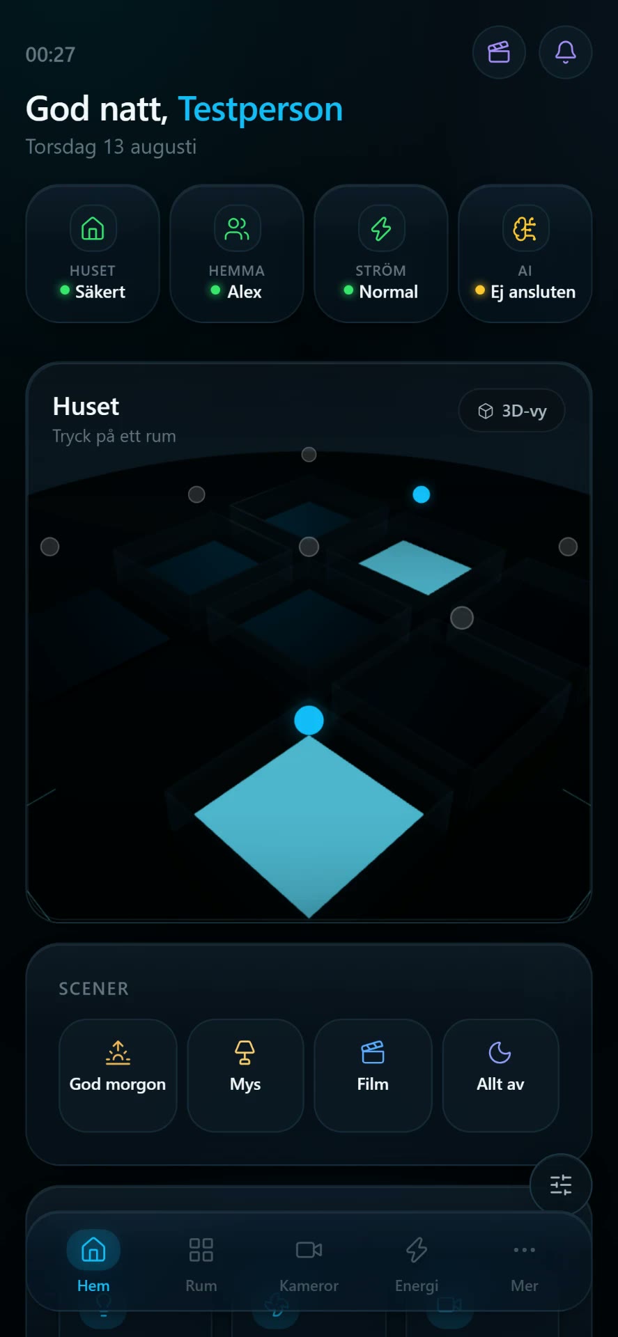 Alva mobile app with the 3D house and bottom tab navigation